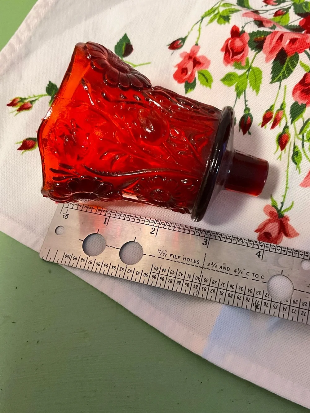 GLOWS Vintage  Red Amberina Peg Votive Holder Textured floral pattern